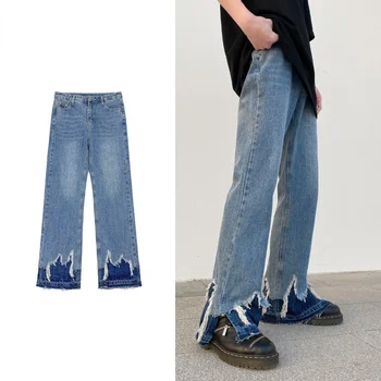 Джинсы-клеш с необработанным краем, модные уличные трендовые широкие брюки в стиле хип-хоп, повседневные свободные прямые джинсовые брюки оверсайз  10