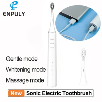 Звуковая электрическая зубная щетка Enpuly с 2 насадками из TPE, 3-режимная перезаряжаемая зубная щетка для отбеливания зубов Type-C, водонепроницаемая, IPX7  5