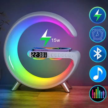 Умный RGB ночник светодиодная атмосферная настольная лампа Многофункциональный будильник динамик управление приложением беспроводное зарядное устройство для Iphone Samsung  10