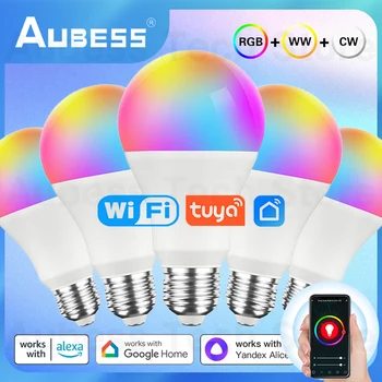Умная лампочка AUBESS 15 Вт WiFi LED Лампа RGB CW WW Работает с приложением Tuya & Smart Life для Яндекса, Алисы, Alexa, Google Assistant  10