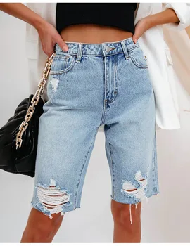 2023 Новые женские летние рваные джинсовые шорты, модные высокоэластичные узкие джинсовые шорты длиной до колен, S-2XL, прямая поставка  10