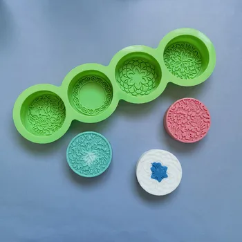 Форма для мыла с резными цветами лотоса из 4 отсеков для мыловарения ручной работы, Силиконовая форма из смолы, круглые формы для выпечки кексов  5