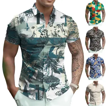 Повседневная мужская рубашка с мягкими дышащими пуговицами с цифровой печатью, однобортные летние топы с короткими рукавами и принтом в виде листьев большого размера  5