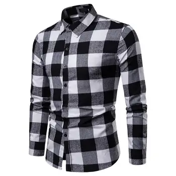 Однобортная мужская рубашка с длинным рукавом с лацканами, осенняя приталенная рубашка в клетку с принтом  5