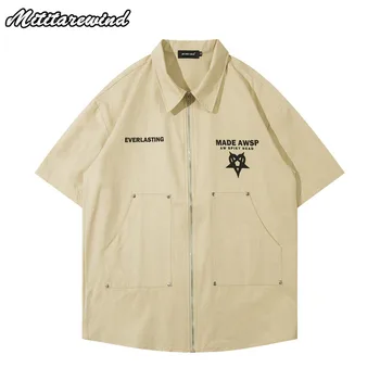 Шикарная китайская рубашка с карманом-карго на молнии, мужская Ins Мода Y2k, хип-хоп, Новый нишевый Дизайн, Свободная Простая Повседневная Одежда  4