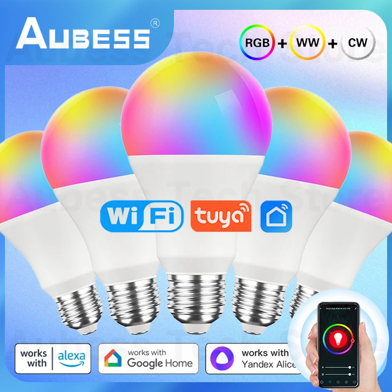 Умная лампочка AUBESS 15 Вт WiFi LED Лампа RGB CW WW Работает с приложением Tuya & Smart Life для Яндекса, Алисы, Alexa, Google Assistant