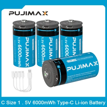 PUJIMAX Новая Перезаряжаемая Литий-ионная Батарея 6000 МВтч C Размер Батареи Со Светодиодной Подсветкой Поддержка Кабеля TypeC Быстрая Зарядка Для Водонагревателя  5