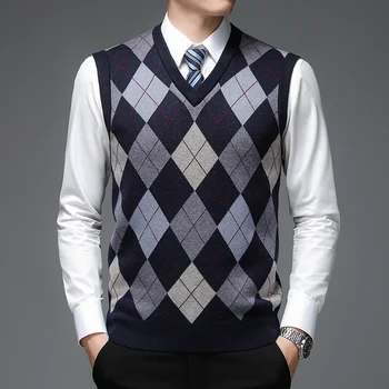 Новый Осенний Модный Дизайнерский бренд Argyle, Пуловер, свитер с бриллиантами, вязаный жилет с V-образным вырезом, Мужская Повседневная мужская одежда без рукавов из 6% шерсти  2