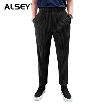ALSEY Miyake Японская уличная одежда Плиссированные мужские повседневные брюки 2023 Slim Fit Простые Прямые повседневные брюки с эластичной резинкой на талии Высокого качества  5