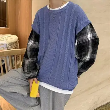 С круглым вырезом и длинным рукавом, мужской свитер с искусственной текстурой из двух частей, осенний однотонный клетчатый свитер в стиле пэчворк, Джемпер, мужская одежда 2022  5