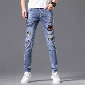 2023 Высококачественные весенне-осенние синие джинсы Стрейч, роскошная вышивка, Тонкая уличная одежда для бойфренда, Повседневные рабочие ковбойские джинсы, мужские брюки  5
