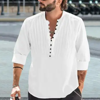 Мужская рубашка Модный простой стиль, длинные рукава, однотонная летняя футболка, мужская одежда, мужской топ, мужская летняя рубашка  5