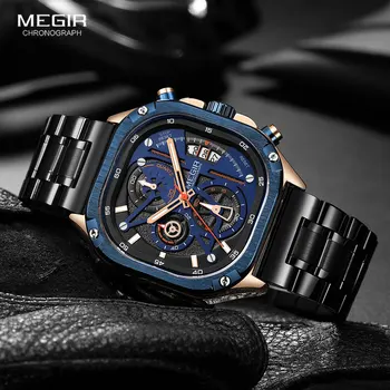 Мужские кварцевые часы MEGIR из нержавеющей стали, квадратный циферблат, хронограф, водонепроницаемые наручные часы со светящимися стрелками, дата, холщовый ремешок, синий  5