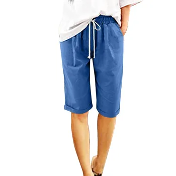 Женские Летние хлопчатобумажные брюки, шорты с высокой талией, Пляжные тренировочные брюки со шнуровкой, карман для пятиточечных брюк  5