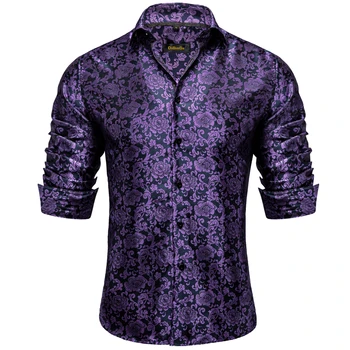2023 Модные мужские рубашки с цветочным рисунком фиолетового цвета, удобная рубашка из полиэстера, топ с длинным рукавом, официальная свадебная одежда  4