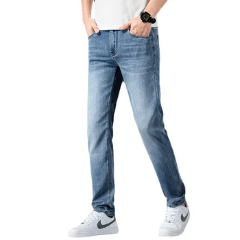 2023 Новая летняя мода, Деловой повседневный тренд, Средняя талия, Высокие эластичные мужские джинсы с прямыми штанинами 28-42  1