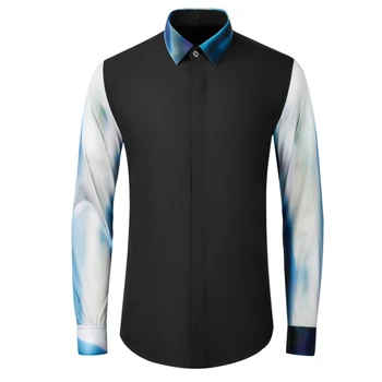 Мужские рубашки MINGLU с длинным рукавом Four Seasons Контрастного цвета Синие вечерние мужские рубашки с принтом Хлопчатобумажные мужские рубашки Slim Fit 4XL  4