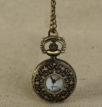 100 шт./лот, винтажные карманные часы с выдолбленным листом из бронзы, ожерелье для мужчин и женщин, ожерелье небольшого размера, подарочные часы  5