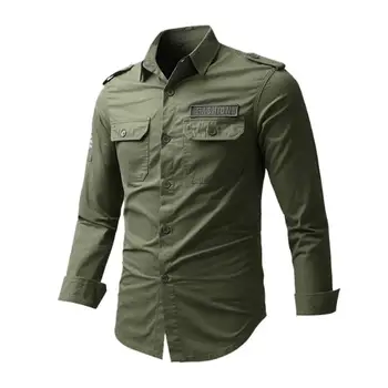 Новая мужская повседневная рубашка в стиле милитари из дышащего выстиранного хлопка с вышивкой, весенне-осенняя однотонная рубашка с длинным рукавом, мужской топ  5