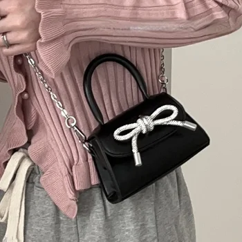 Женская маленькая квадратная сумка через плечо с бантом из горного хрусталя Роскошного дизайна, дамский клатч для званого ужина, сумочки, маленькие сумки через плечо  4