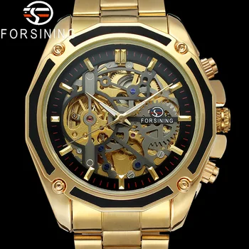FORSINING Автоматические Механические Мужские наручные часы Военные спортивные Мужские часы Лучший бренд Класса Люкс Золотой Скелет Модные Мужские часы 8130  0