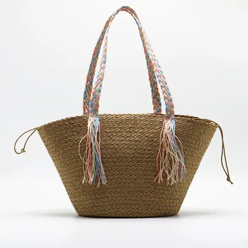 Новая плетеная сумка из бумажной соломы с лентой и кисточкой на одно плечо, плетеная сумка для пляжных путешествий, сумка для поездок на работу  5