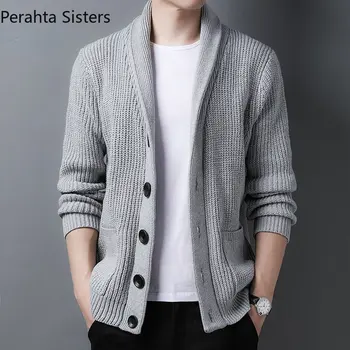 Брендовый Высококачественный осенне-зимний свитер, пальто, мужская одежда, толстый теплый кардиган на пуговицах, куртка с лацканами, модный трикотаж 2023 года  5