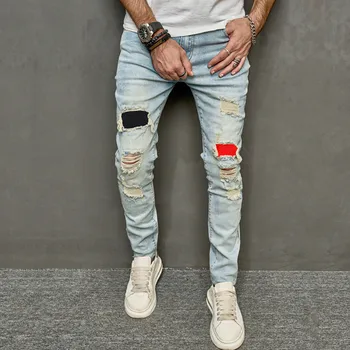 Новые трендовые мужские джинсы, повседневные рваные узкие брюки-карандаш, эластичная ткань со средней талией, одежда для мотоциклов в стиле хип-хоп  5