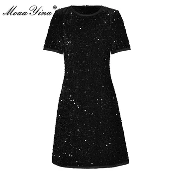 Модное дизайнерское платье MoaaYina, летнее женское платье с коротким рукавом, черные мини-платья с пайетками, винтажные праздничные мини-платья для отпуска  10