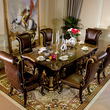 Роскошная вилла, сочетание обеденного стола и стула в европейском стиле, резьба по дереву, натуральный мрамор, длинный обеденный стол и стул  10