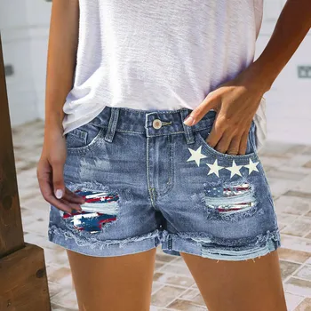Женские шорты с принтом американского флага, высокая талия, Летние джинсовые шорты с оборками, Повседневные джинсовые шорты с карманами и дырками, Плюс Размер 3XL  5
