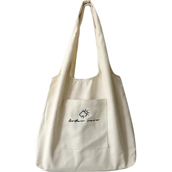 Холщовая сумка с вышивкой облаком через плечо для женщин, модные простые сумки с открытыми ручками, сумка-тоут для покупок  10