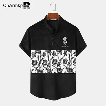 ChArmkpR Летняя рубашка, мужские топы 2023, модные вельветовые рубашки с коротким рукавом, вышитые в стиле пэчворк, мужская одежда, футболка оверсайз S-2XL  4