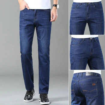 Новые модные мужские джинсы Классического стиля, деловые Повседневные джинсовые брюки приталенного кроя, черные, синие, прямые, мягкие брюки, уличная одежда в винтажном стиле  5