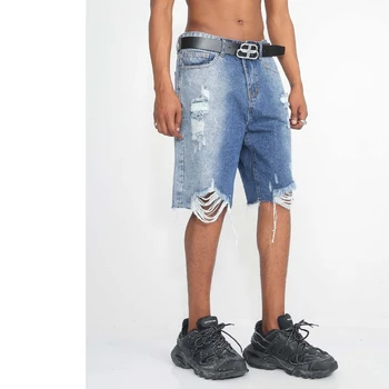 Мужские короткие джинсы High Street Destroyed, Выстиранные синие рваные джинсовые шорты с большими дырами, летние уличные штаны  5