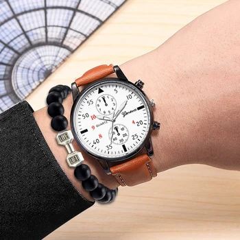 Мужские кварцевые часы с аналоговым циферблатом 40 мм Кожаный ремешок 30 м Водонепроницаемые деловые наручные часы Мужские часы  4