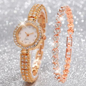 Комплект из 2 предметов, роскошные модные женские часы, ремешок из сплава, женские кварцевые наручные часы, браслет из сплава со стразами для дам в подарок  5