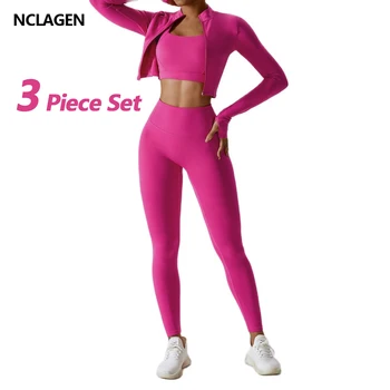 NCLAGEN/ Женская Спортивная одежда, Комплект из 3 предметов, Топ для Йоги и брюки С Высокой талией, Спортивный Бюстгальтер На открытом воздухе И Короткая Спортивная Одежда Для Фитнеса  5