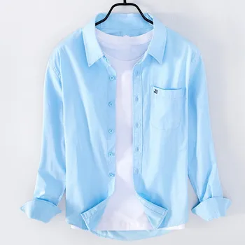 Весенне-осенние мужские рубашки из чистого хлопка, повседневная рабочая одежда на пуговицах с длинным рукавом, отложной воротник, универсальные топы с карманом  5