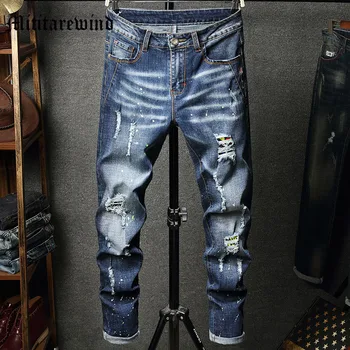 Мужские рваные прямые брюки Y2k в стиле пэчворк, уличные повседневные брюки в стиле панк, джинсы в стиле хип-хоп с дырочками, мужские брюки Solash-Ink  5