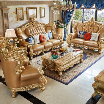 Европейский Стиль, Сочетание диванов из натуральной кожи, Роскошная гостиная с мебелью из массива дерева, Резная Корона, Полный Комплект домашней мебели  10