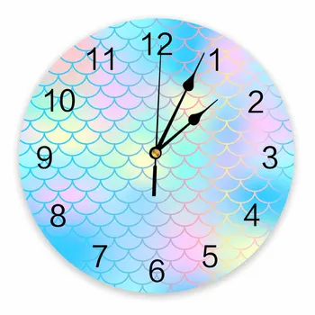 Декоративные круглые настенные часы цвета рыбьей чешуи и русалки, дизайн с арабскими цифрами, не тикающие настенные часы большого размера для спален и ванной комнаты  2