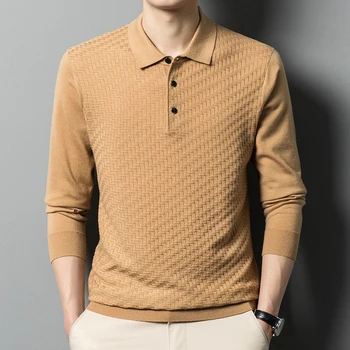 Высококачественная мужская шерстяная одежда Поло Весна 2023, повседневные трикотажные рубашки поло с отложным воротником, пуловеры из мужского трикотажа с длинным рукавом  3