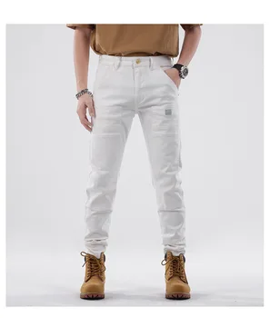 Новые стильные мужские белые джинсы, модная уличная одежда, мотоциклетные джинсовые брюки в стиле пэчворк, подростковые брюки в стиле пэчворк  4