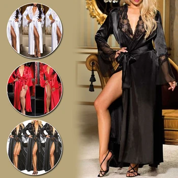 Сексуальный кружевной халат, имитирующий шелковое кружево, Длинная пижама, прозрачный халат, ночное белье, халат, черно-белая ночная рубашка  5