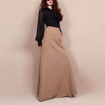 Европейская женщина осень зима плюс размер, длинная юбка из 50% шерсти с высокой талией, элегантные юбки-пачки макси трапециевидной формы jupe femme lounge  4