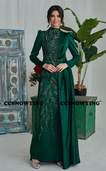 Атласные аппликации Мусульманское вечернее платье с длинным рукавом Хиджаб Исламские вечерние платья с высоким воротом Женское Арабское вечернее платье  5