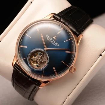 Reef Tiger / RT, роскошные мужские часы Flying Tourbillon, синие, Розовое Золото, Автоматические Механические часы, часы с ремешком из натуральной кожи.  5