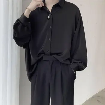Рубашки Kemeja Lengan Panjang Hitam Blus Nyaman Korea Pria Kemeja Kancing Sebaris Longgar Kasual Dengan Dasi для Мужчин Рубашка  5