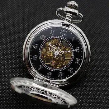 Кварцевые карманные часы в стиле ретро с ручным заводом, механические карманные часы с цепочкой-брелоком, мужские Модные часы с полым циферблатом в виде скелета, черная сталь  5